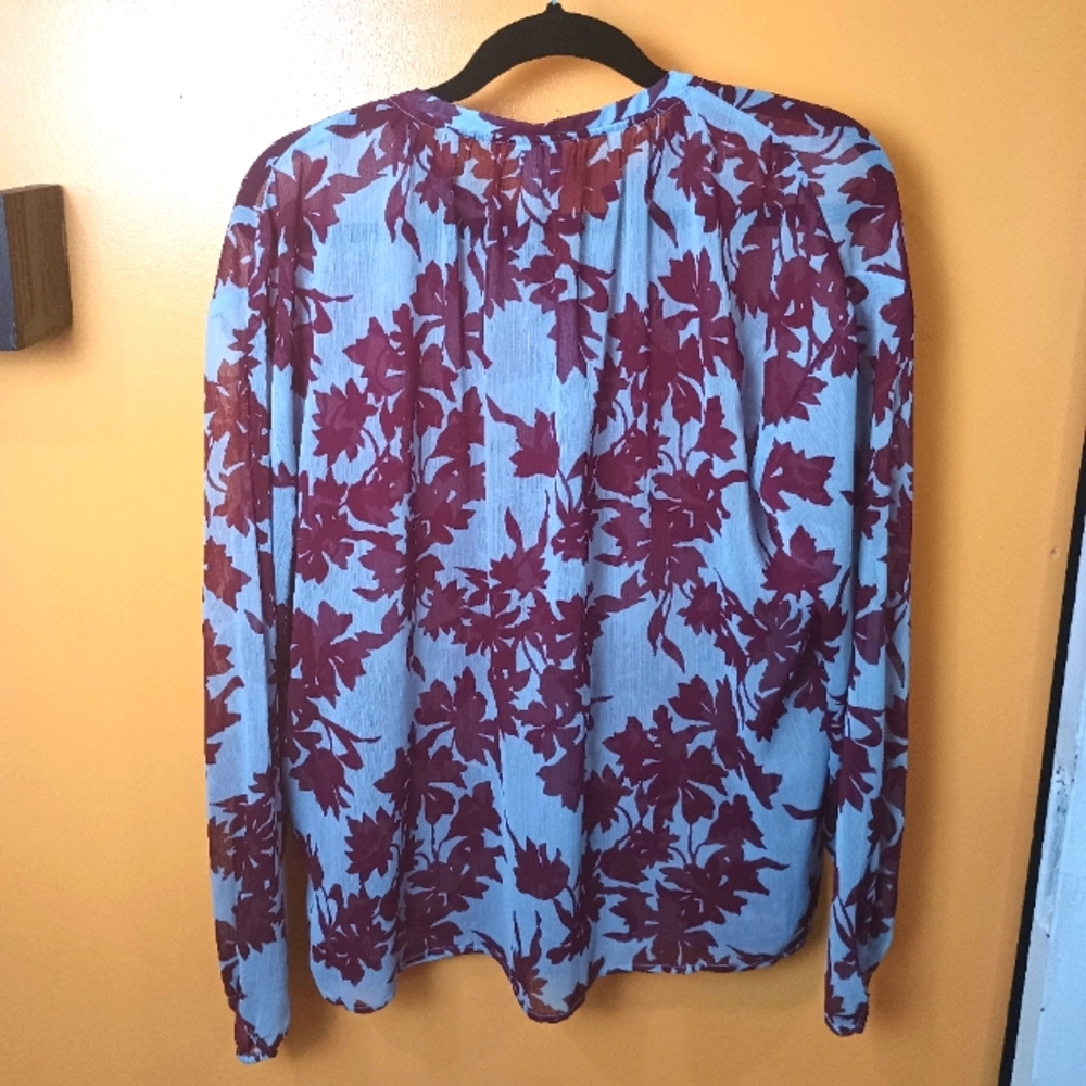 A New Day Maroon & Light Gray Long Sleeve Front Button Semi Sheer Top Size L - Picture 7 of 10